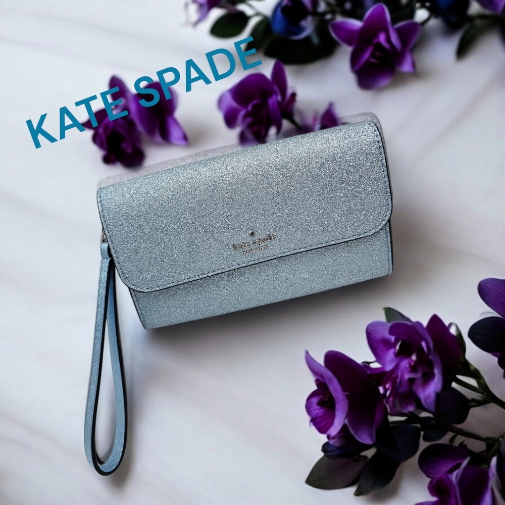 Nwt Kate Spade Limited Glitter Clutch Flap Phone Wristlet in Frosty Sky Color